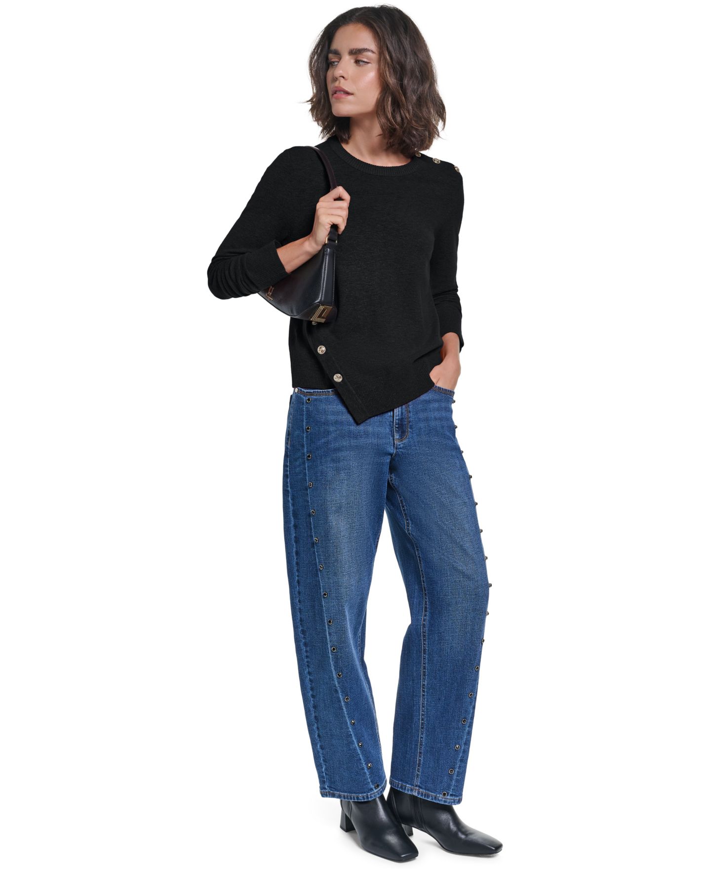 Женский свитер KARL LAGERFELD PARIS Asymmetrical Long-Sleeve Crewneck, цвет: Чёрный — фото 3