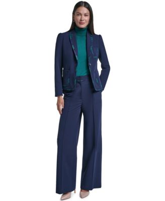 Women's Framed Puff-Sleeve Shoulder Padding Blazer &  High-Waisted Wide-Leg Trousers