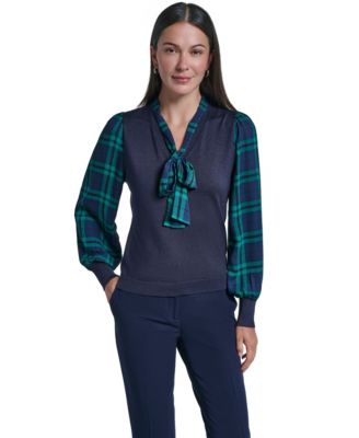 Women's Tie-Neck Plaid-Print Sweater