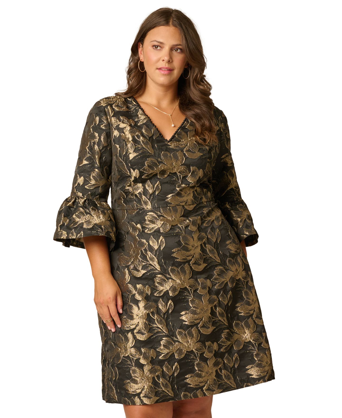 Женское платье Adrianna Papell Plus Size Floral-Print V-Neck 3/4-Sleeve, цвет: Чёрный / Золотой — фото 3