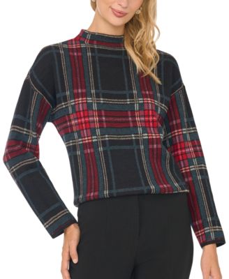 Women's Tartan Plaid Mock Neck Pullover Sweater