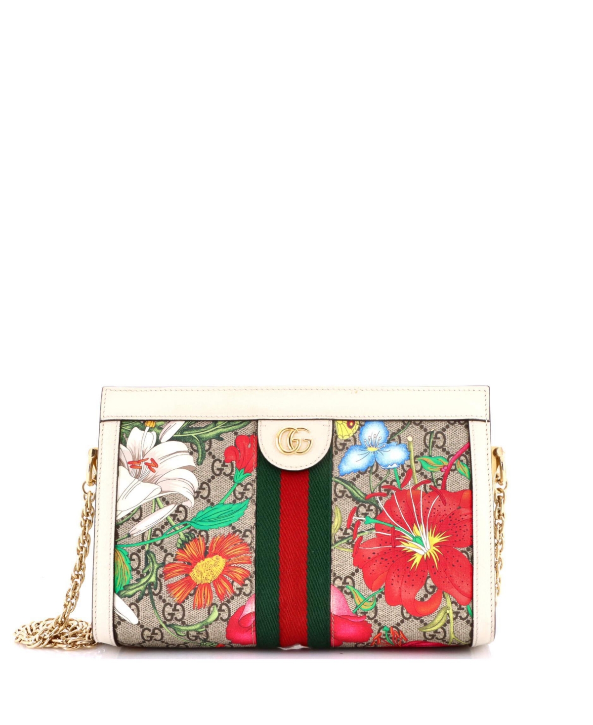 Pre-Owned Gucci Small Ophidia Chain Shoulder Bag Flora Gg Coated Canvas - Brown