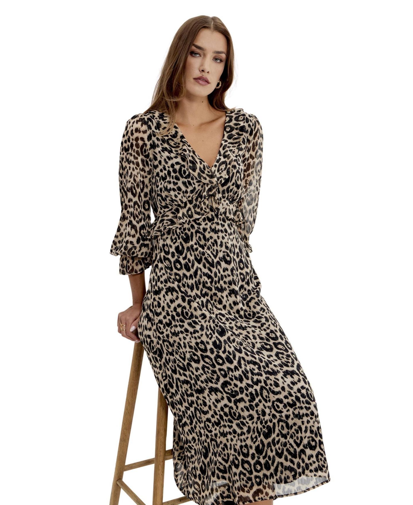 Женское платье Finery London Veronica Empire-Waist Animal-Print V-Neck Midi, цвет: Натуральный — фото 5