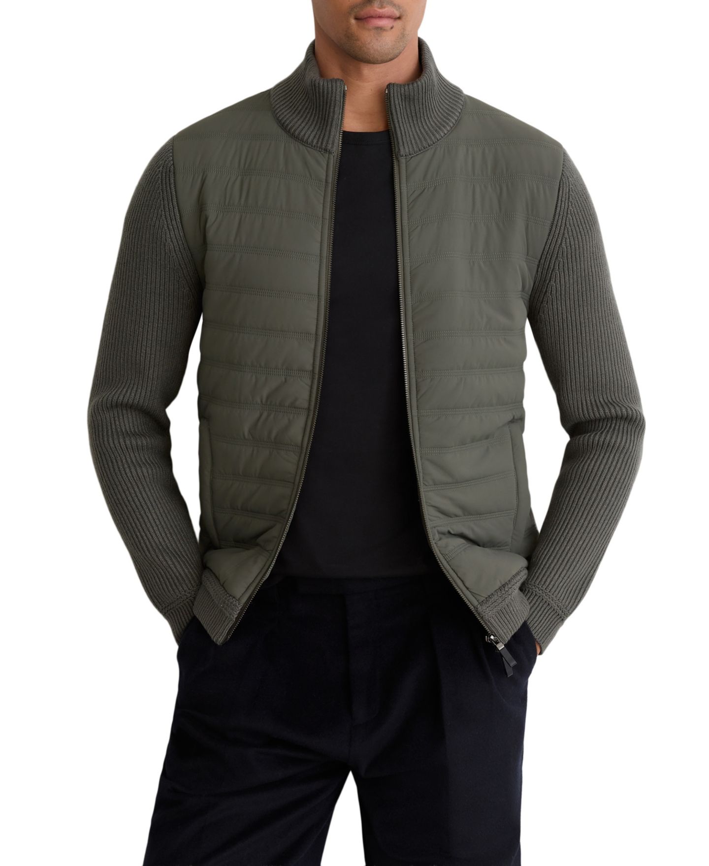 Мужская куртка REISS Townsend Quilted Rib-Knit Funnel-Neck, цвет: Армейский зелёный — фото 1