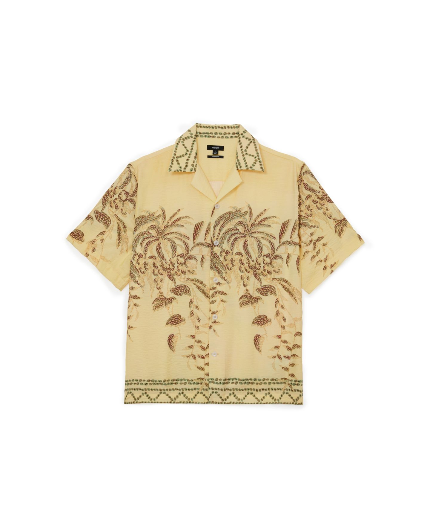 Мужская рубашка REISS Camino Palm-Print Short Sleeve Cuban Collar, цвет: Жёлтый — фото 2