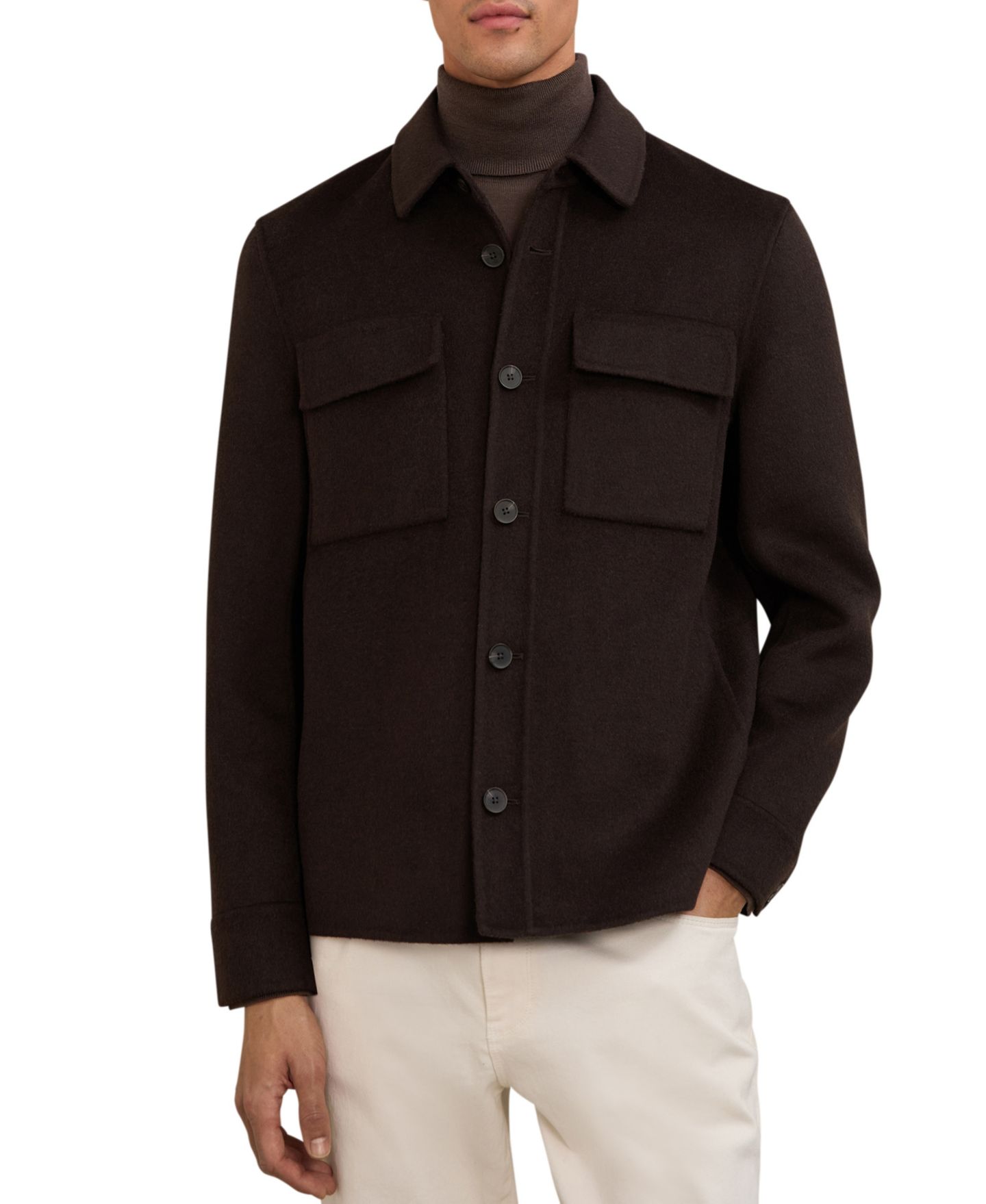 Мужская рубашка REISS Net Wool-Blend Long-Sleeve Point Collar Overshirt, цвет: Коричневый — фото 1
