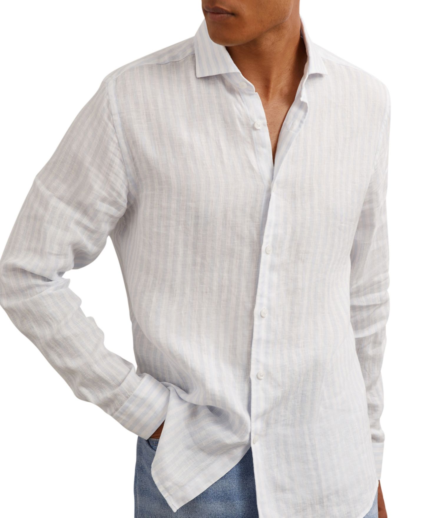 Мужская рубашка REISS Ruban Linen Stripe Long-Sleeve, цвет: Синий / Белый — фото 1