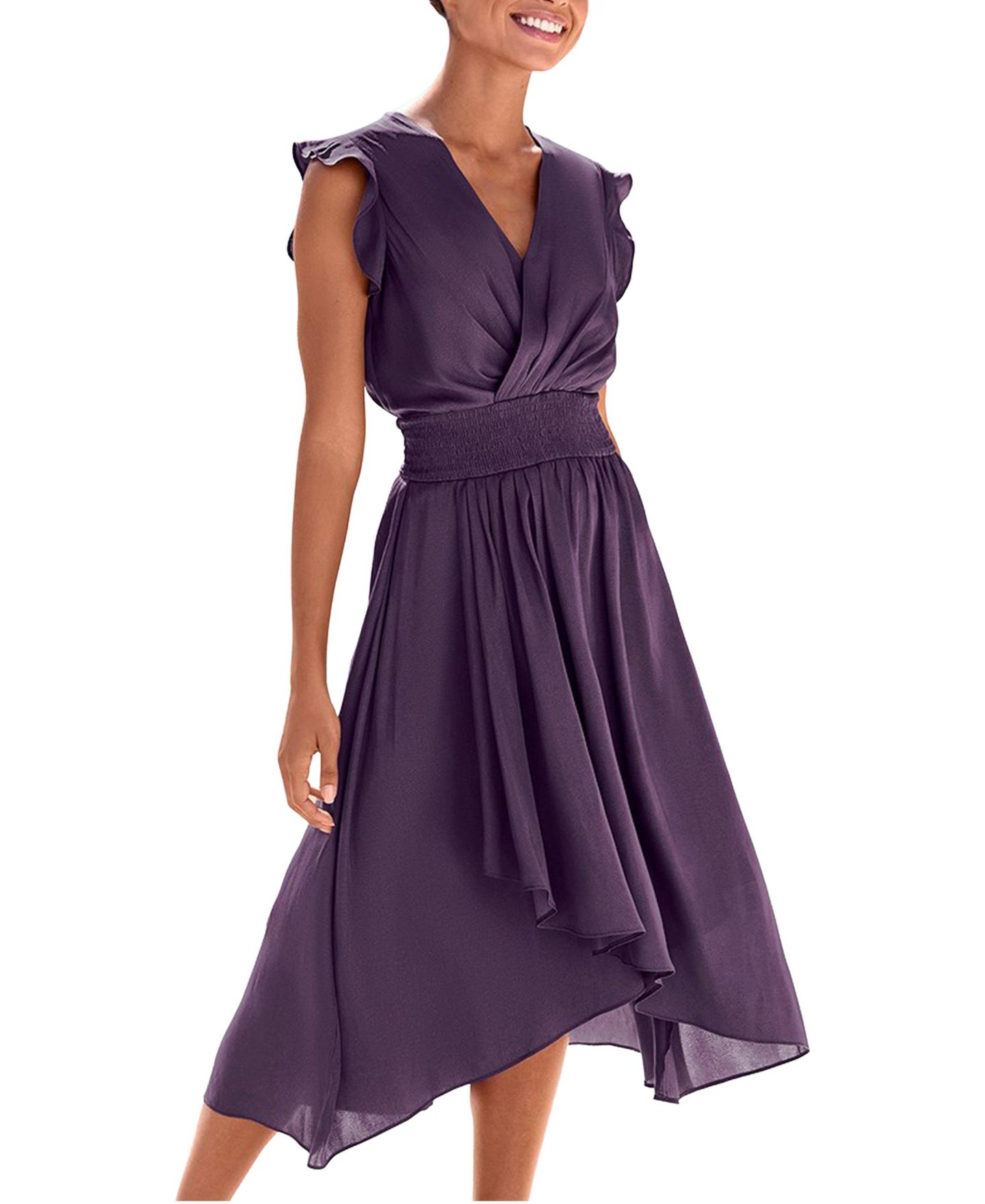 Женское платье Lascana Ruffle-Sleeve Satin High-Low Midi, цвет: Фиолетовый — фото 1