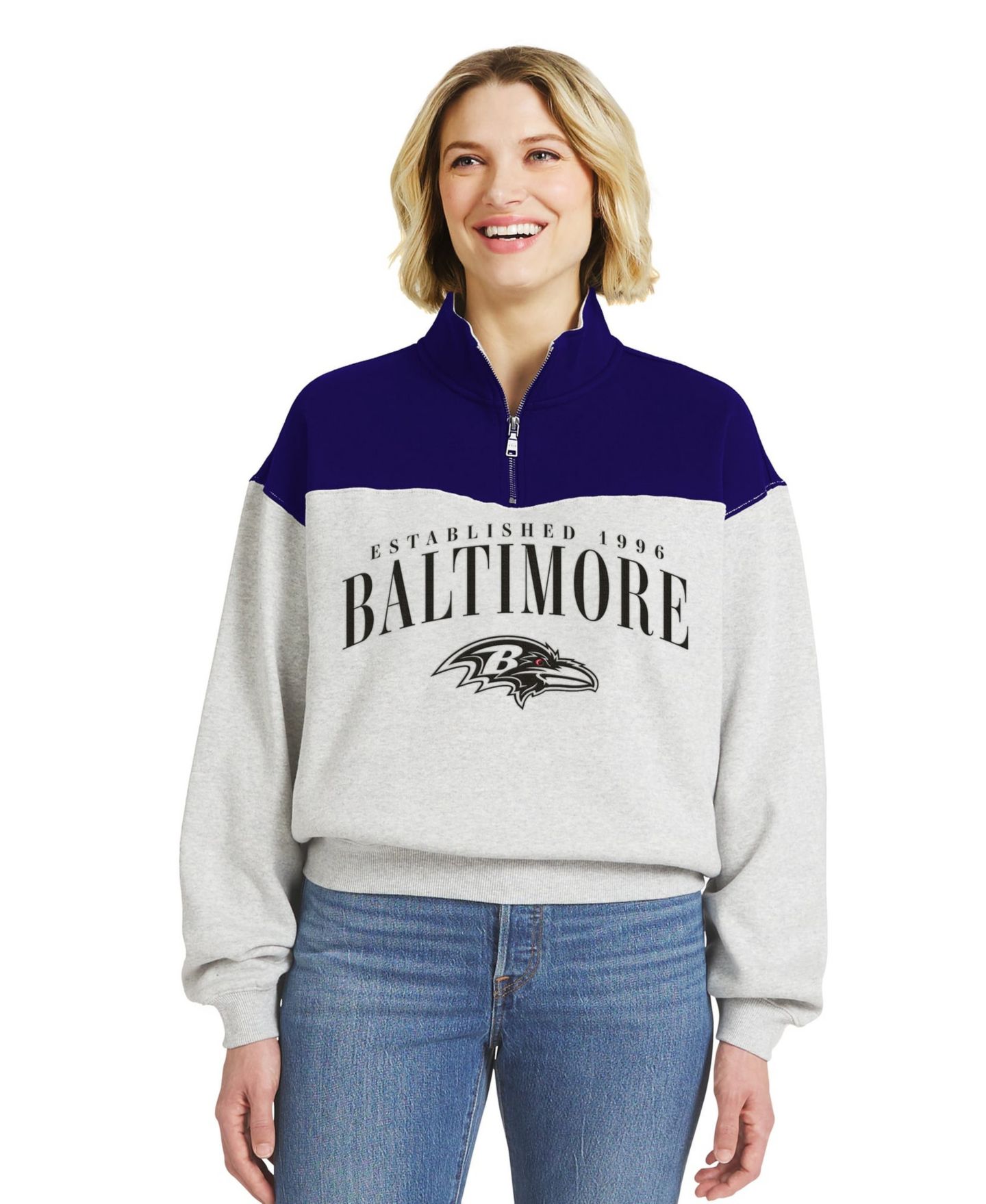 Женский свитер WEAR by Erin Andrews Heather Gray Baltimore Ravens Colorblock Half-Zip Pullover — фото 1