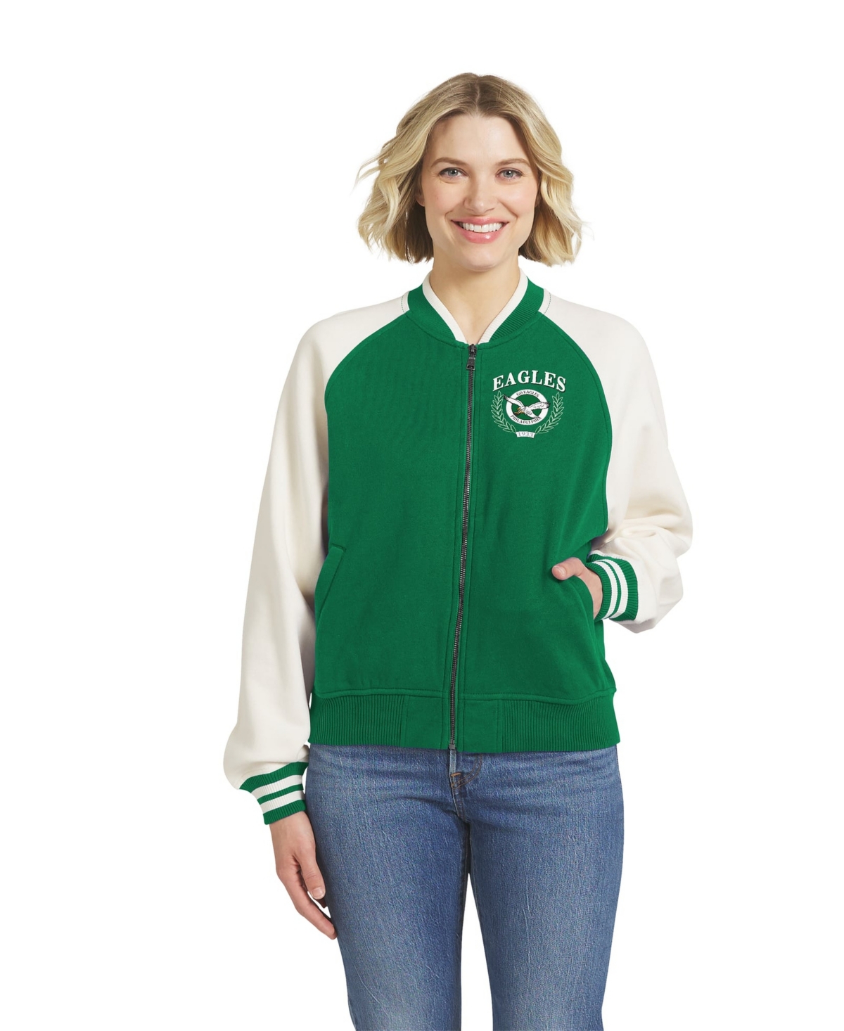 Wear by Erin Andrews Women's Philadelphia Eagles Throwback Varsity Fleece Full-Zip Jacket - Kelly Green