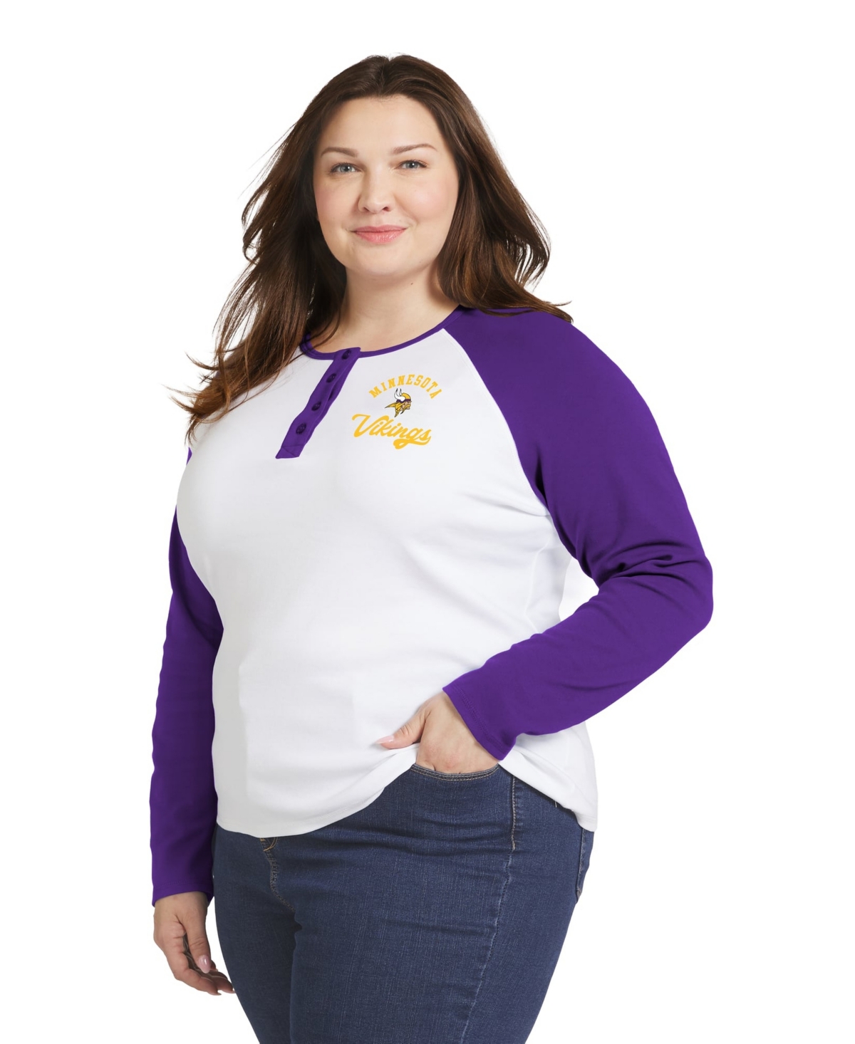 Women's WEAR by Erin Andrews  White/Purple Minnesota Vikings Plus Size Henley Long Sleeve Raglan T-Shirt