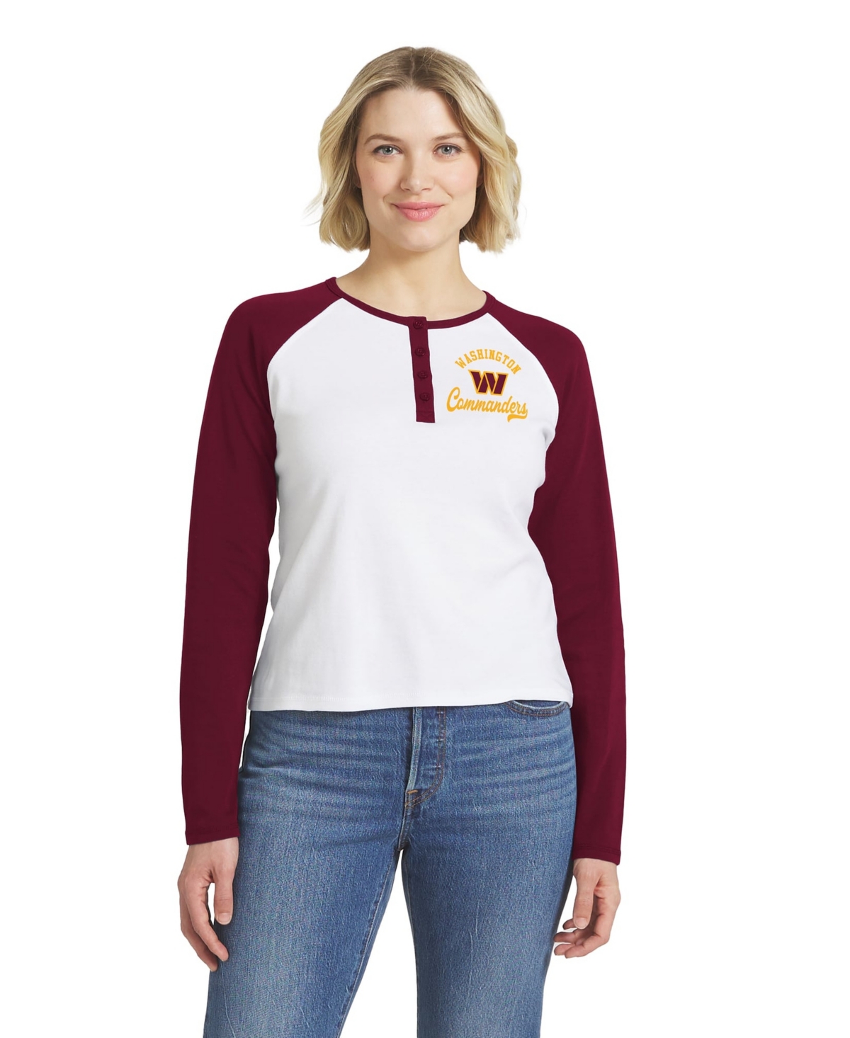 Women's WEAR by Erin Andrews  White/Burgundy Washington Commanders Henley Long Sleeve Raglan T-Shirt