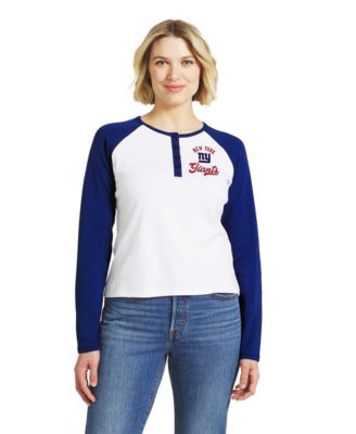 Women's  White/Royal New York Giants Henley Long Sleeve Raglan T-Shirt