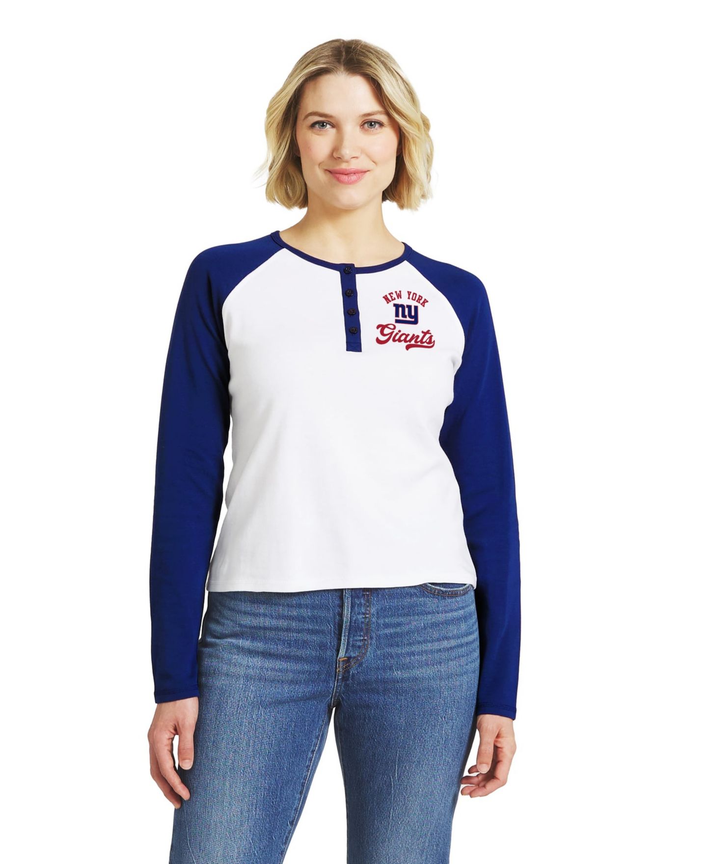 Женская футболка WEAR by Erin Andrews White/Royal New York Giants Henley Long Sleeve Raglan — фото 1