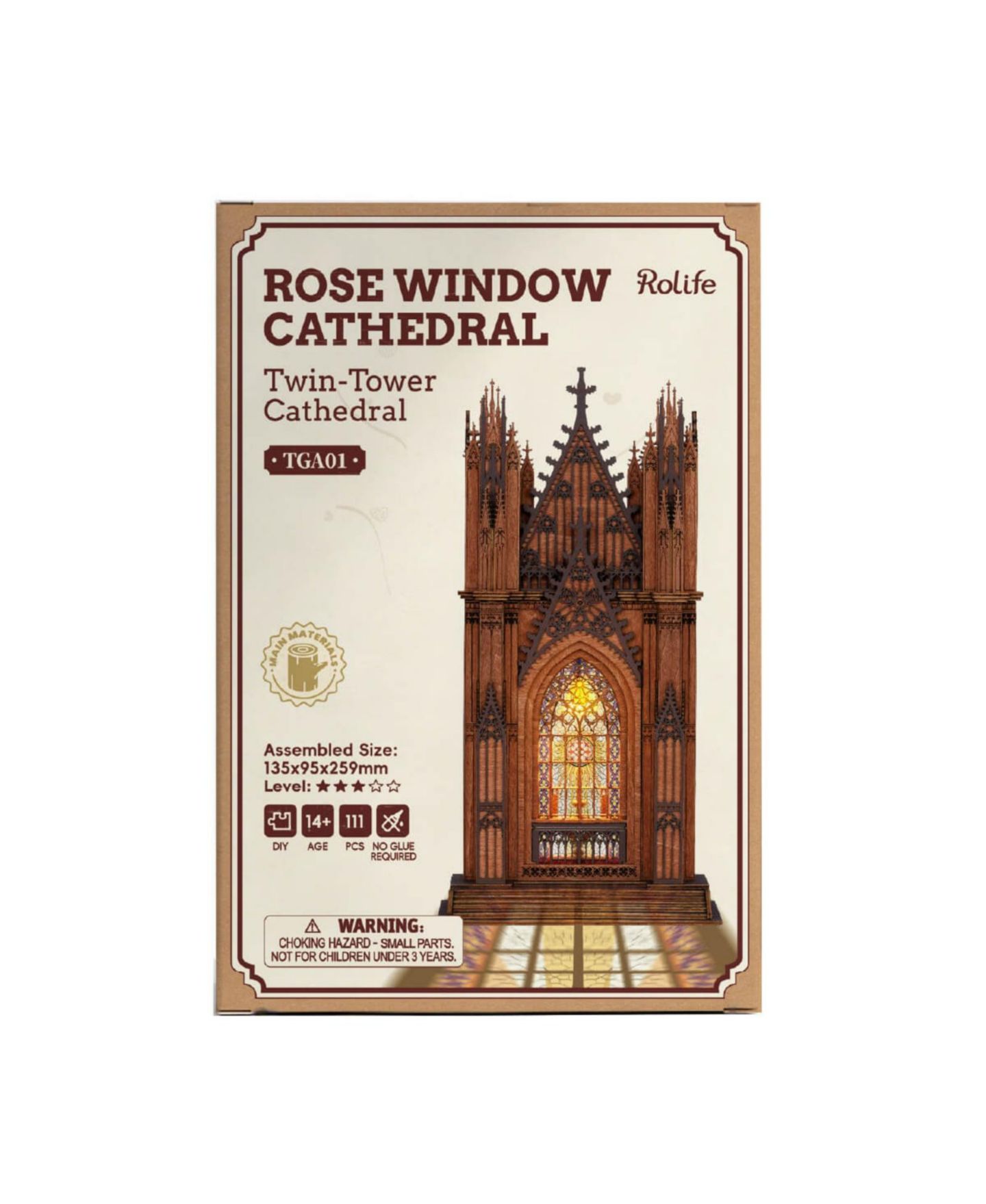 Детский пазл Robotime Gothic Twin Tower Cathedral 111-Piece 3D Wooden Puzzle with LED Lights, от 14 лет, цвет: Коричневый — фото 6