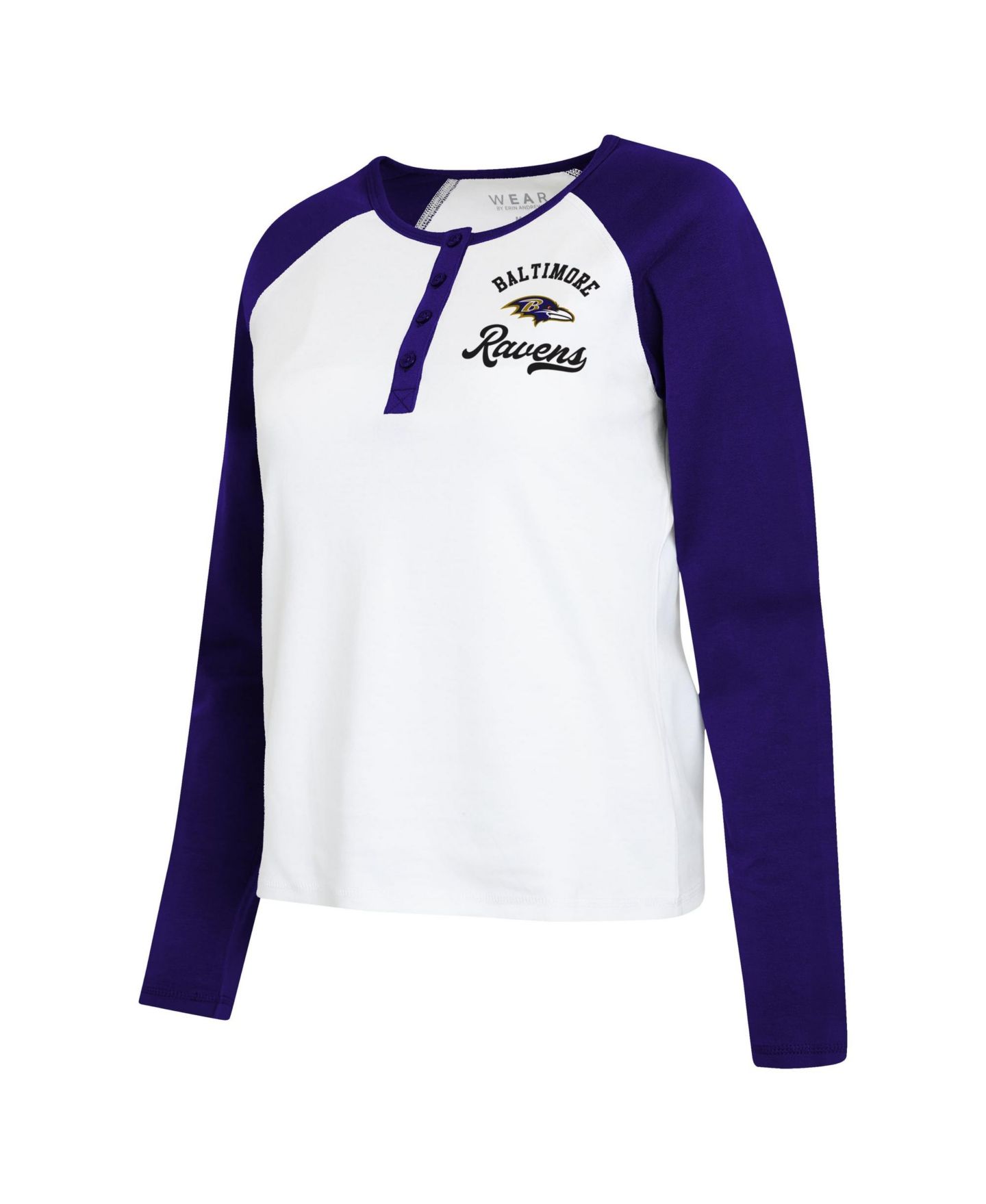 Женская футболка WEAR by Erin Andrews White/Purple Baltimore Ravens Henley Long Sleeve Raglan — фото 4