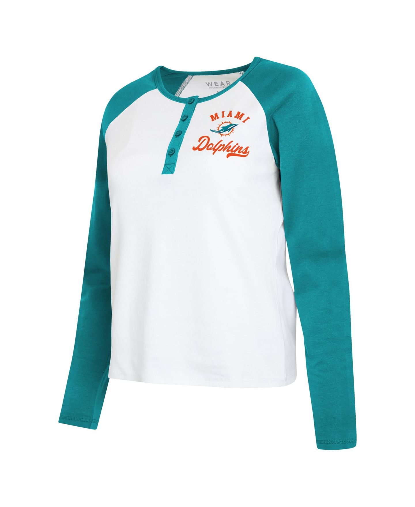 Женская футболка WEAR by Erin Andrews White/Aqua Miami Dolphins Henley Long Sleeve Raglan — фото 4