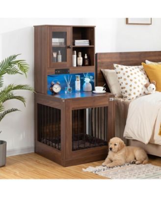 54" Dog Crate Furniture with Charging Station and Storage Shelves, Wooden Indoor Dog Kennel End Table for Small Dogs up to 25 Lbs