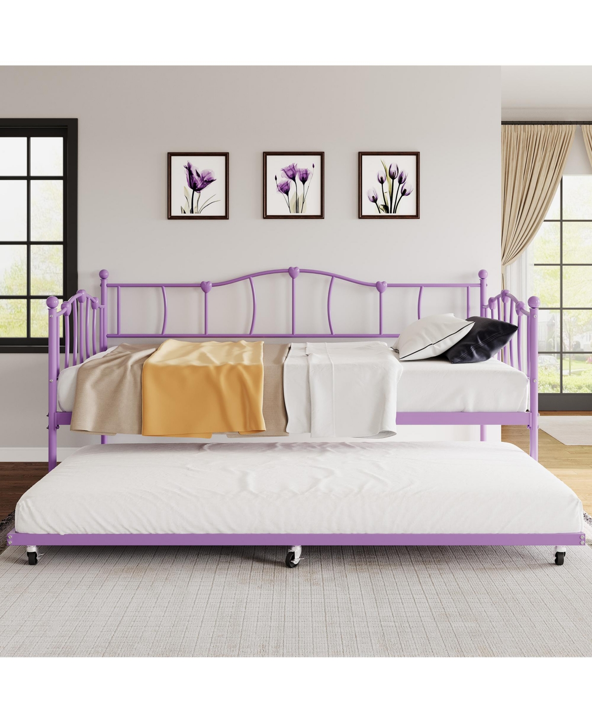homfan 78 x 42 x 34 in Twin Daybed with Pull Out Trundle for Kids Bedroom, Heart Motif Cottage Style, Steel Frame with Slat Support