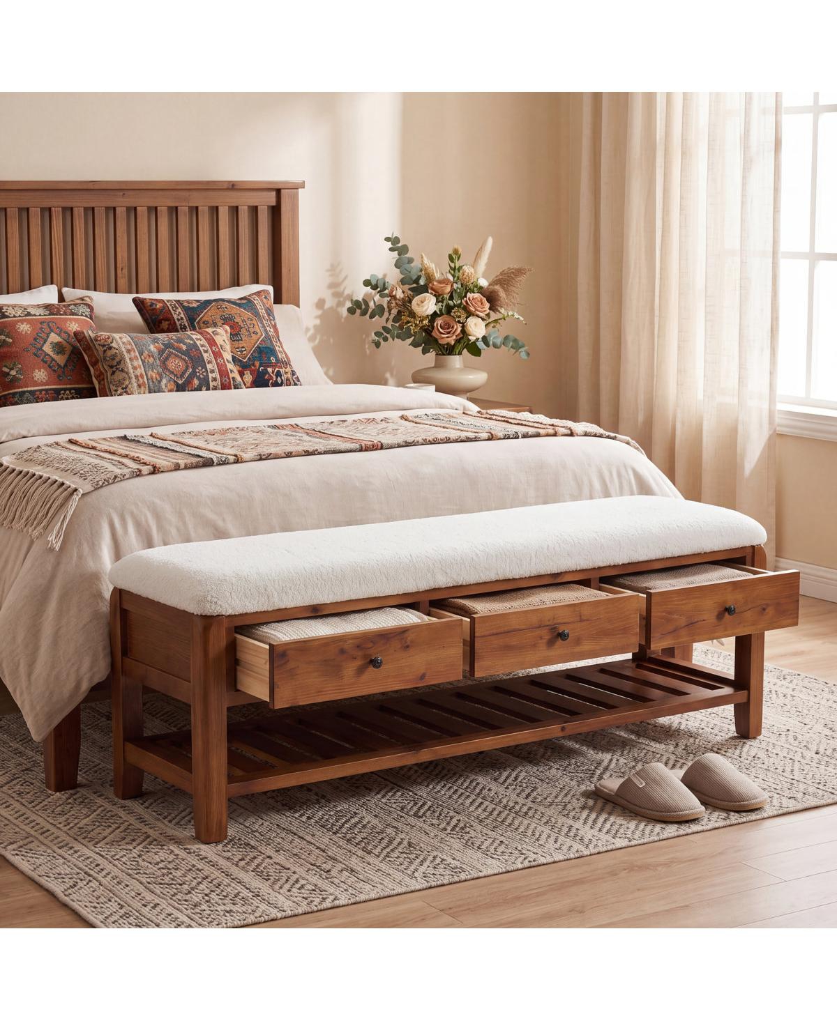 Tribesigns 55" Wood Storage Bench with Cushioned Seat and Drawers