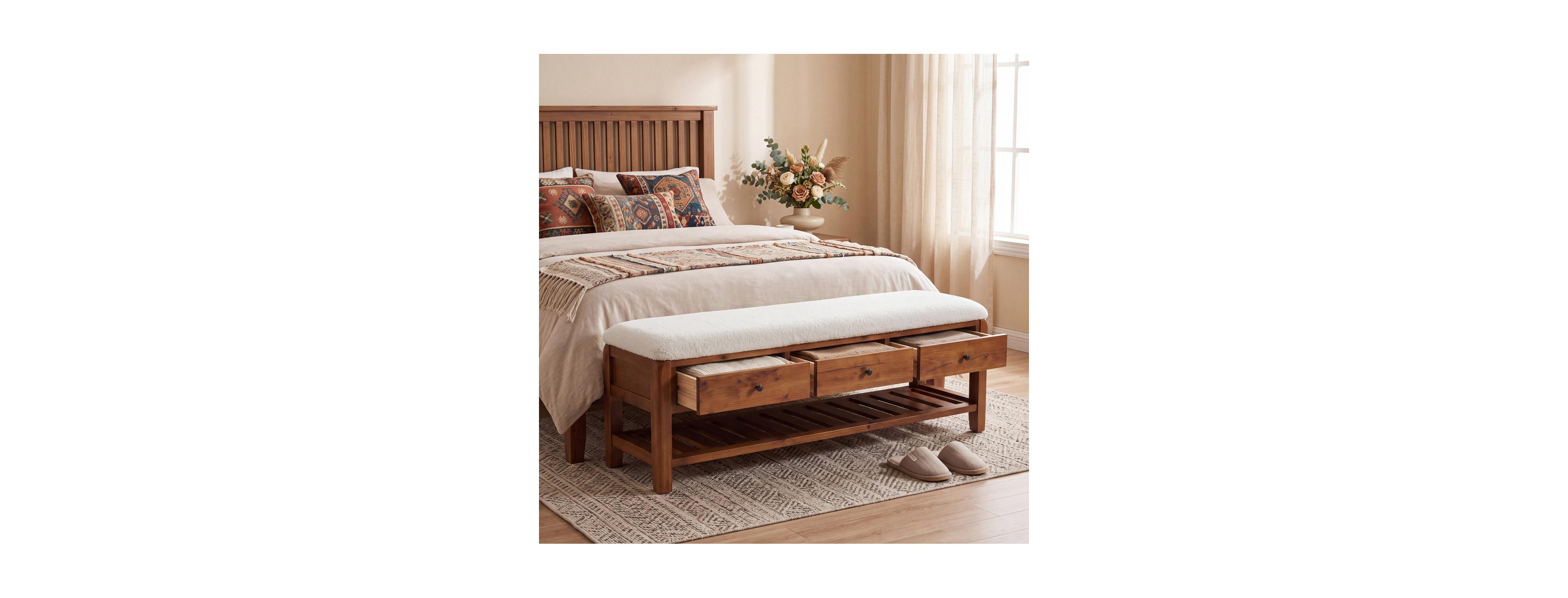 Tribesigns 55" Wood Storage Bench with Cushioned Seat and Drawers
