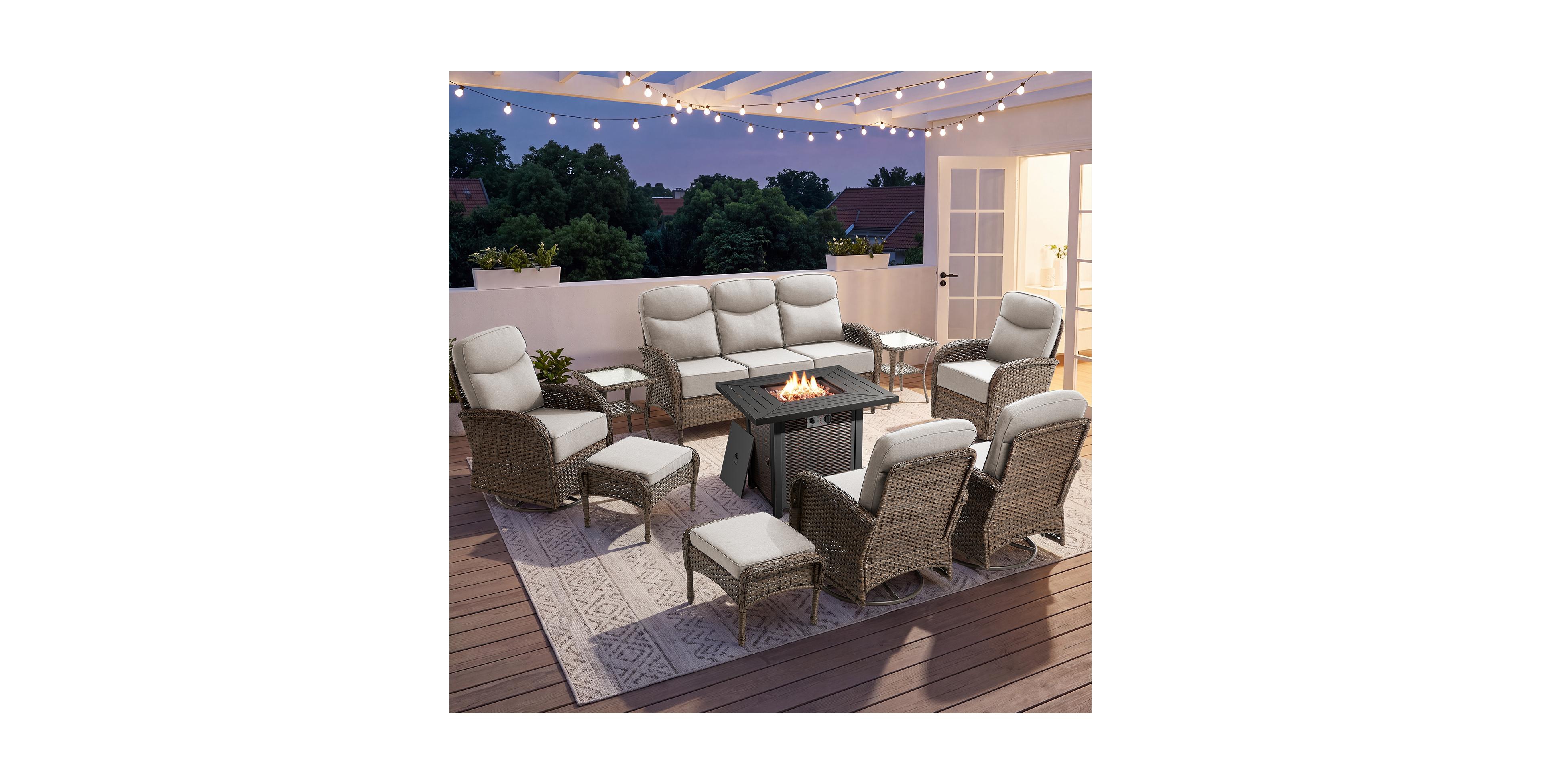 Pocassy 10-Pieces Patio Furniture Set, Outdoor Wicker Conversation Set with Swivel Rocking Chairs, Sofa and 6inch Waterproof Cushions