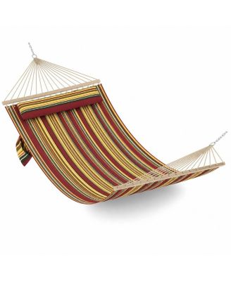 Outdoor Double Quilted Hammock with Pillow, 450 lb Capacity, Striped, Hardwood Bars