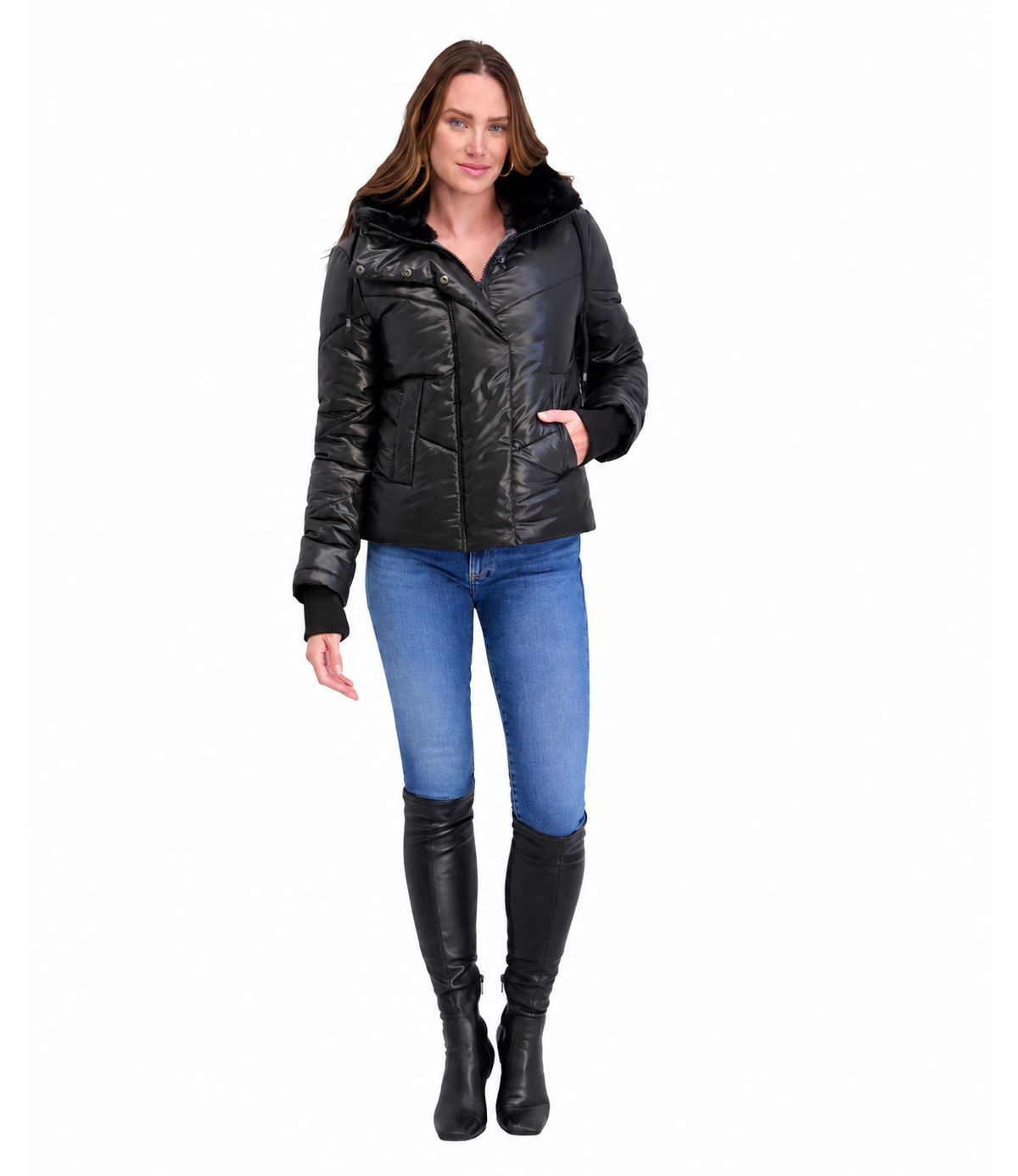 Kensie Women's Puffer Jacket With Faux Fur Hood Detail And Rib Knit Storm Cuffs