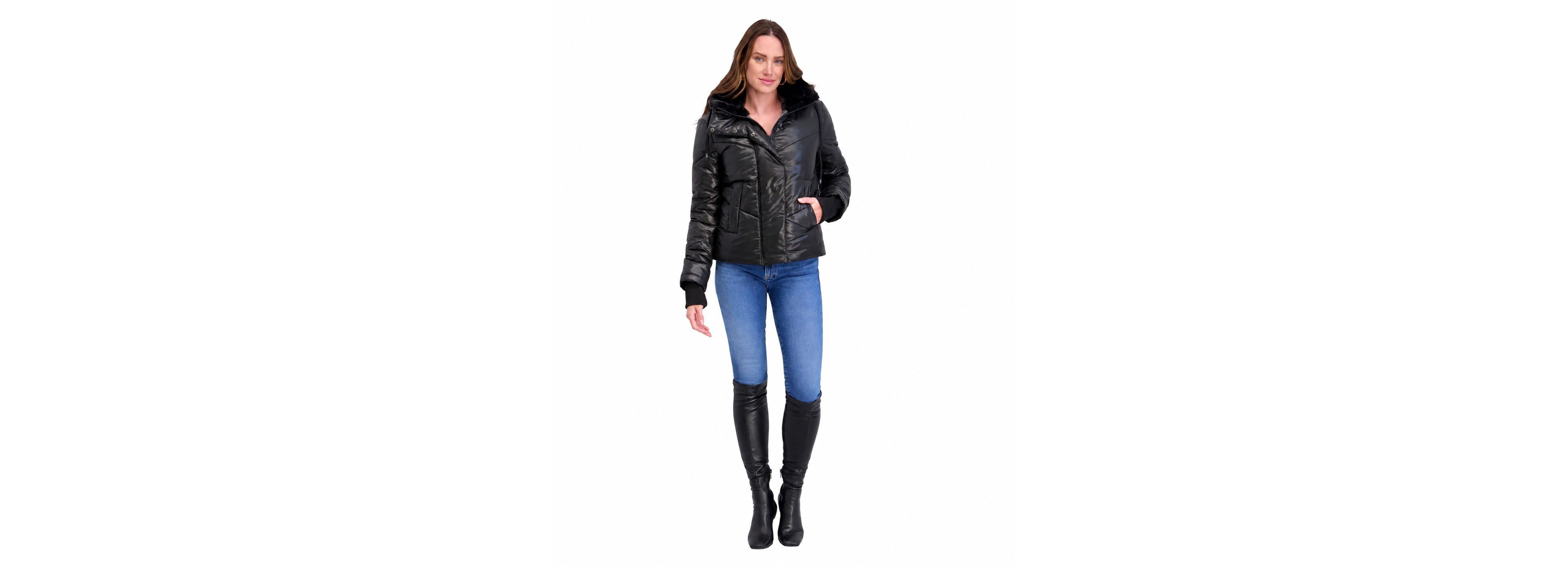 Kensie Women's Puffer Jacket With Faux Fur Hood Detail And Rib Knit Storm Cuffs