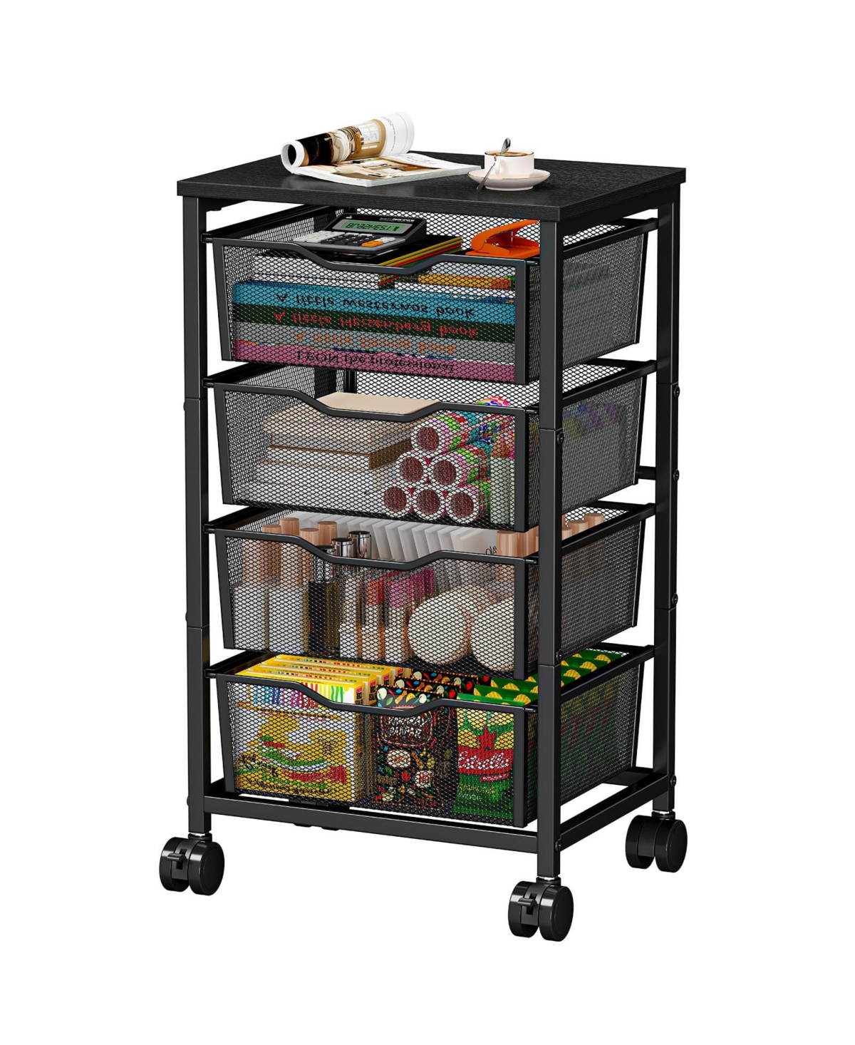 Aeelike Rolling Storage Cart 4 Drawers Lockable Wheels Wooden Tabletop Craft Organizer