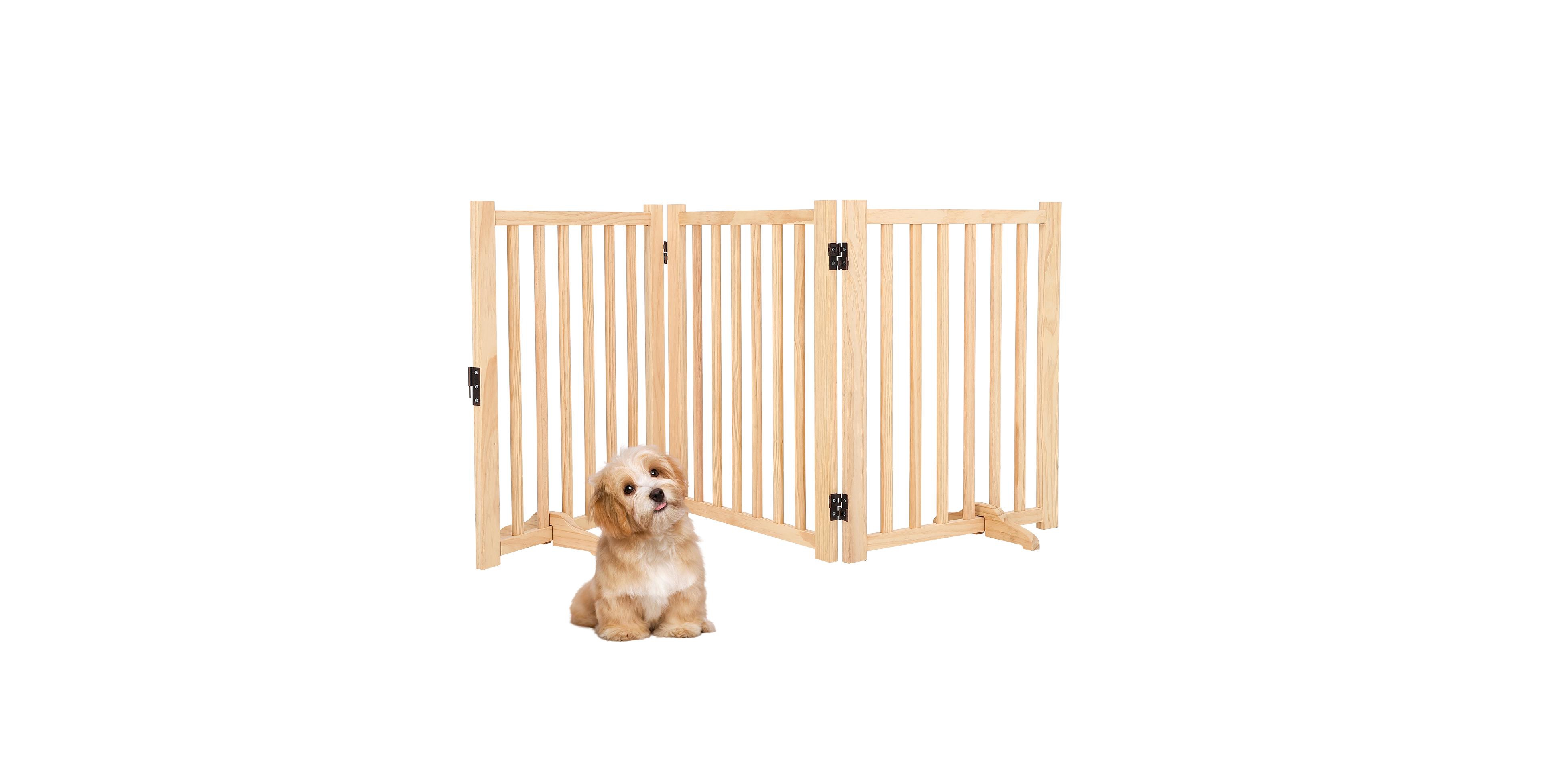 Lalfpet Wooden Freestanding Dog Gate, 3-Panel Collapsible Pet Fence with Support Feet, Expandable Indoor Gate for Doorways and Stairs, 24" H