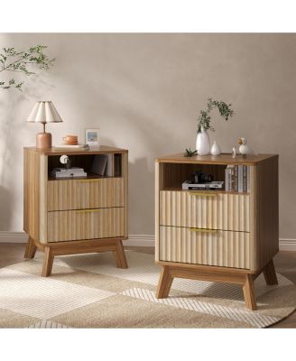2 Pack 18" Modern Fluted Nightstand with Charging Station, Curved Profile Side Table with 2 Drawers, Bedside End Table for Bedroom