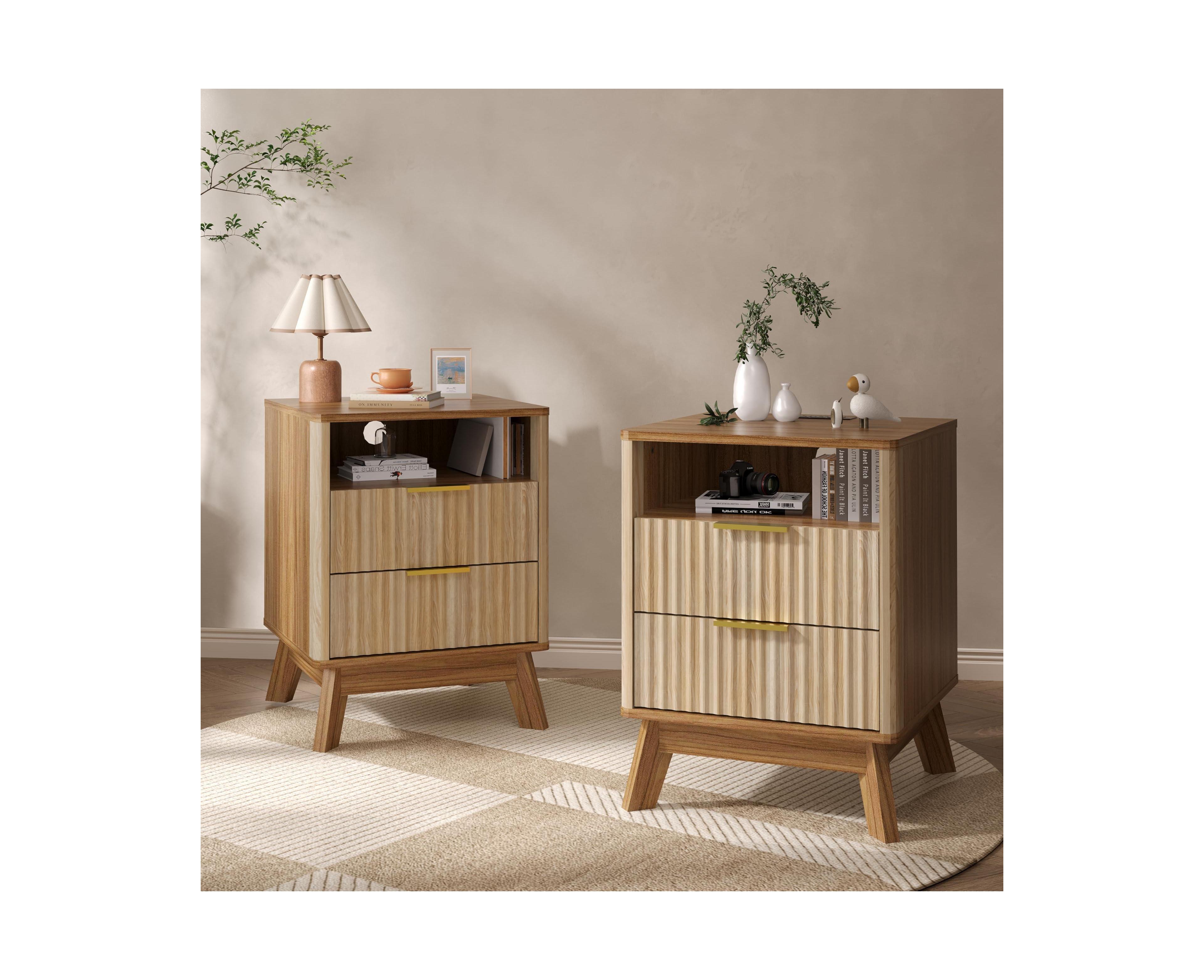 gaomon 2 Pack 18" Modern Fluted Nightstand with Charging Station, Curved Profile Side Table with 2 Drawers