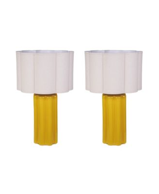 Stoneware Fluted Table Lamp with Scalloped Linen Shade, Mustard Finish, Set of 2