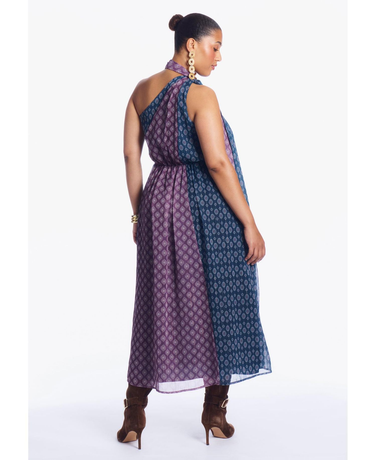 Plus Size One-Shoulder Chiffon Maxi Dress With Neck Tie