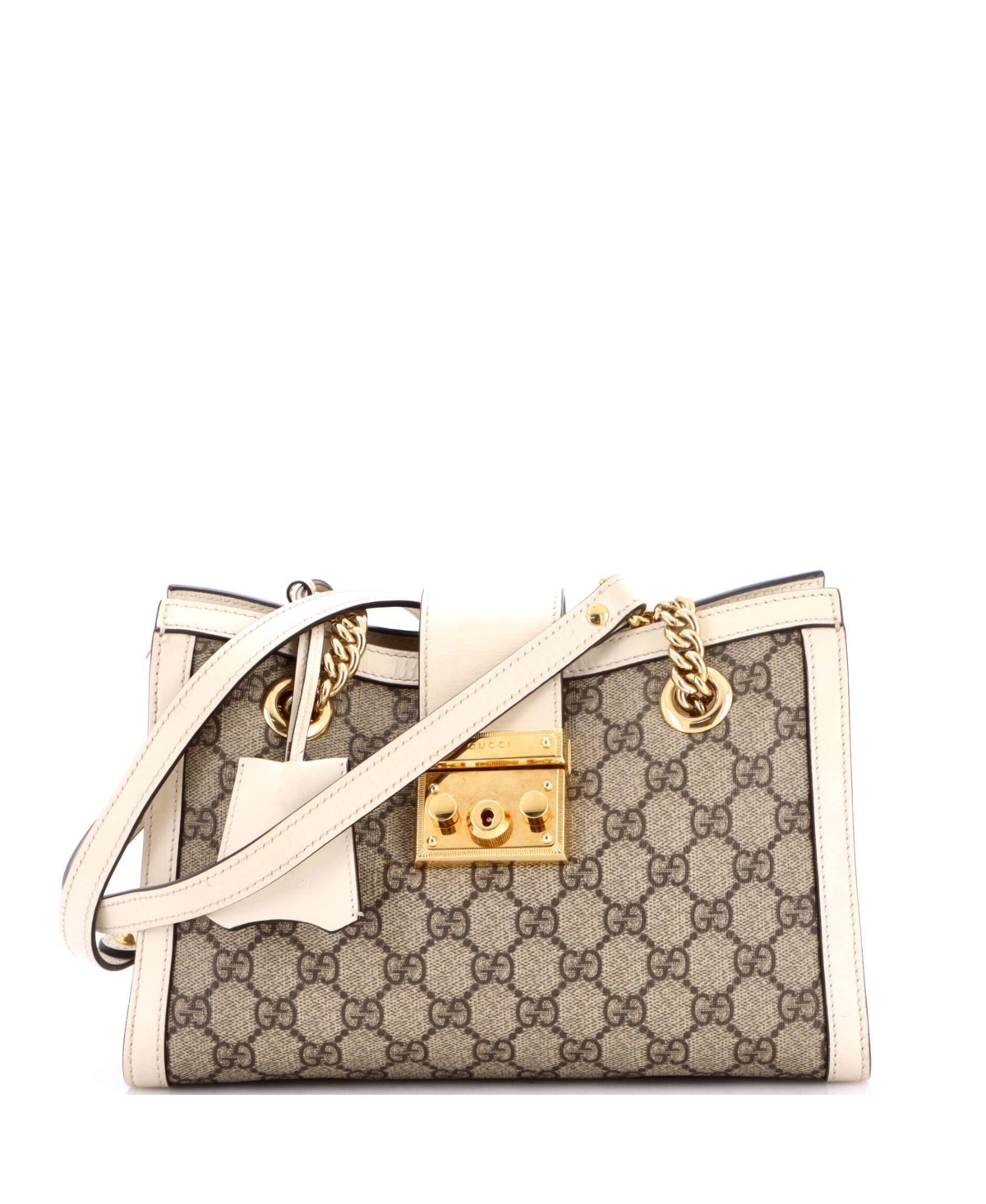 Pre-Owned Gucci Small Padlock Chain Tote Gg Coated Canvas with Leather - White