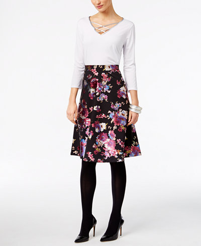 NY Collection Asymmetrical Lace-Up Top & ECI Floral-Print Pull-On Skirt