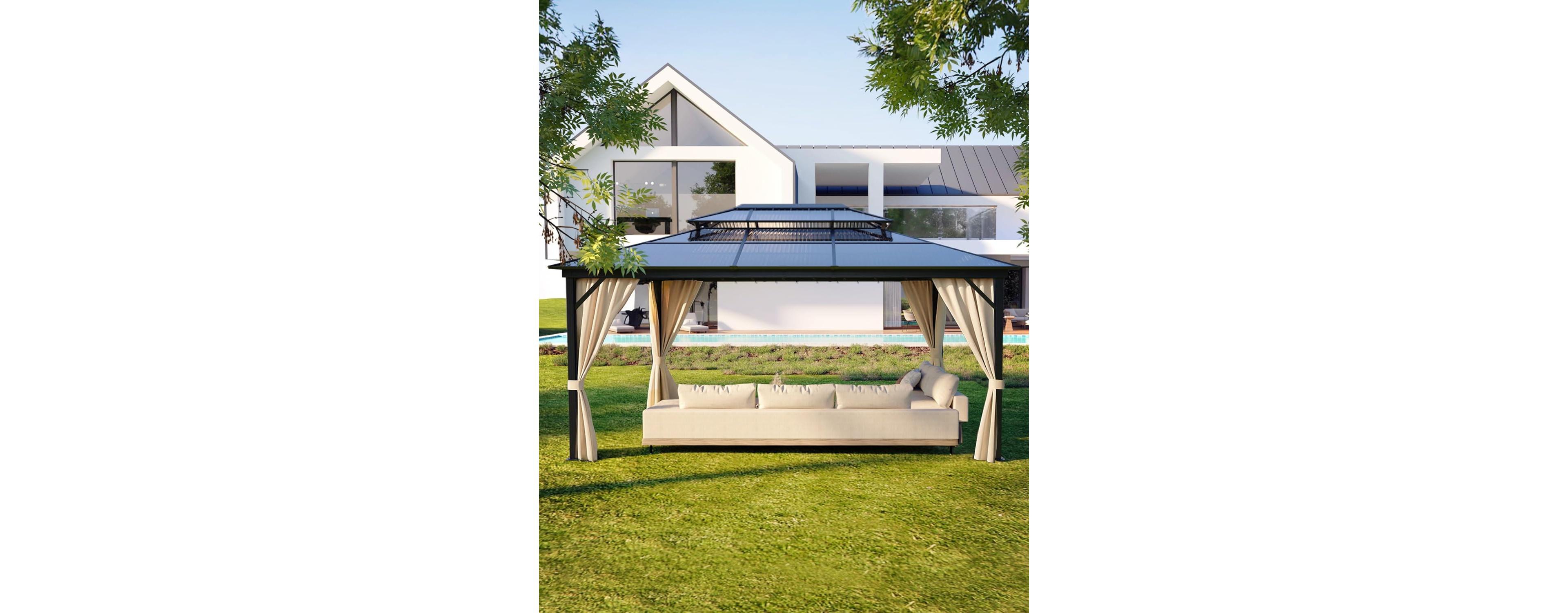 gaomon Hardtop Gazebo for All Weather, Double Polycarbonate Sheets Roof, Aluminum Alloy Frame, Net and Curtain
