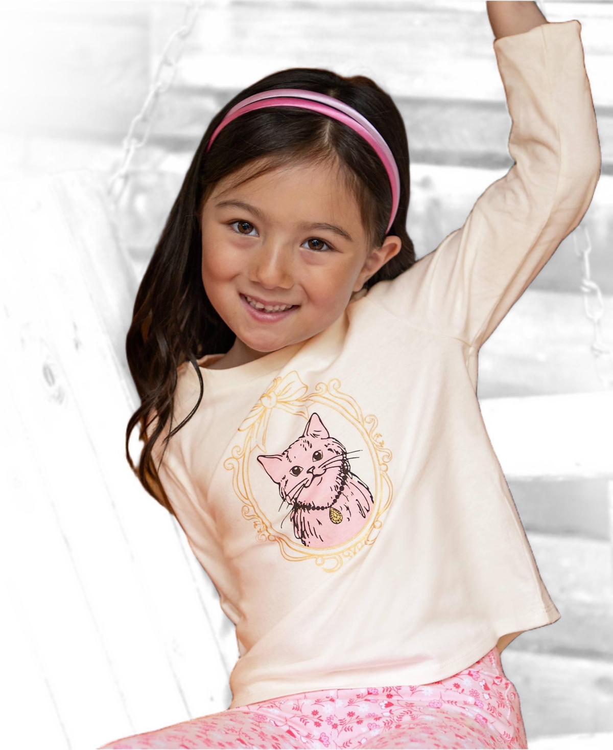 Lands' End Girls Long Sleeve Graphic Meet and Greet Tee - Foil/cat/egret
