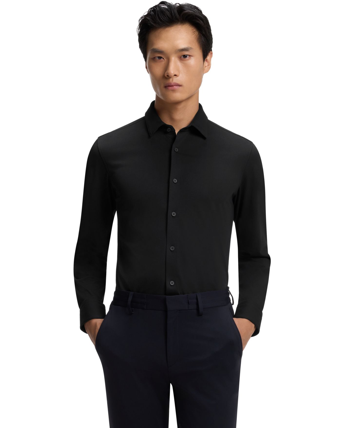 Мужская рубашка Hugo Boss Performance-Stretch Slim-Fit Dress Shirt, цвет: Чёрный — фото 1