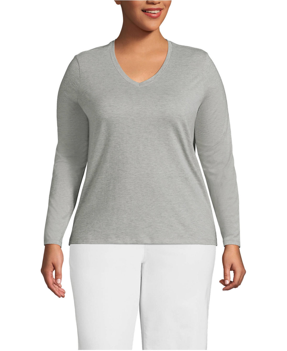 Lands' End Plus Size Relaxed Supima Cotton Long Sleeve V-Neck T-Shirt - Gray heather