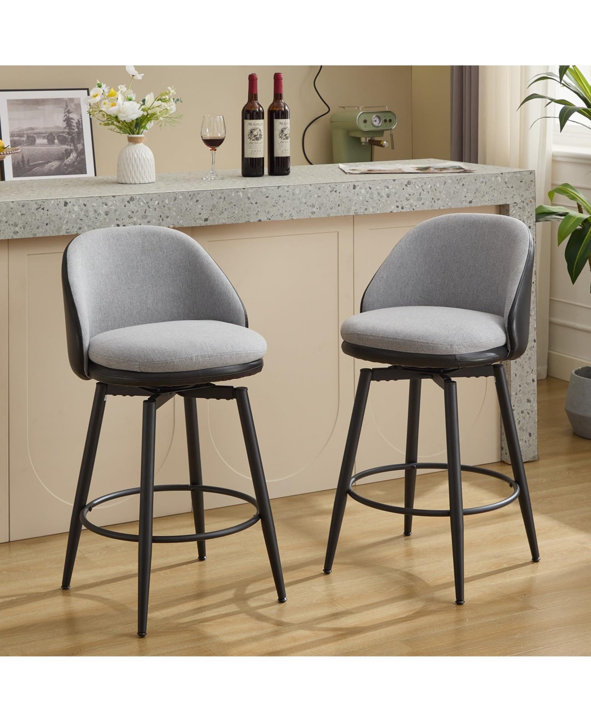 homfan Modern Swivel Counter Height Bar Stools Set of 2 26 Inch Upholstered with Backrest Metal Legs for Kitchen Island Dining Area