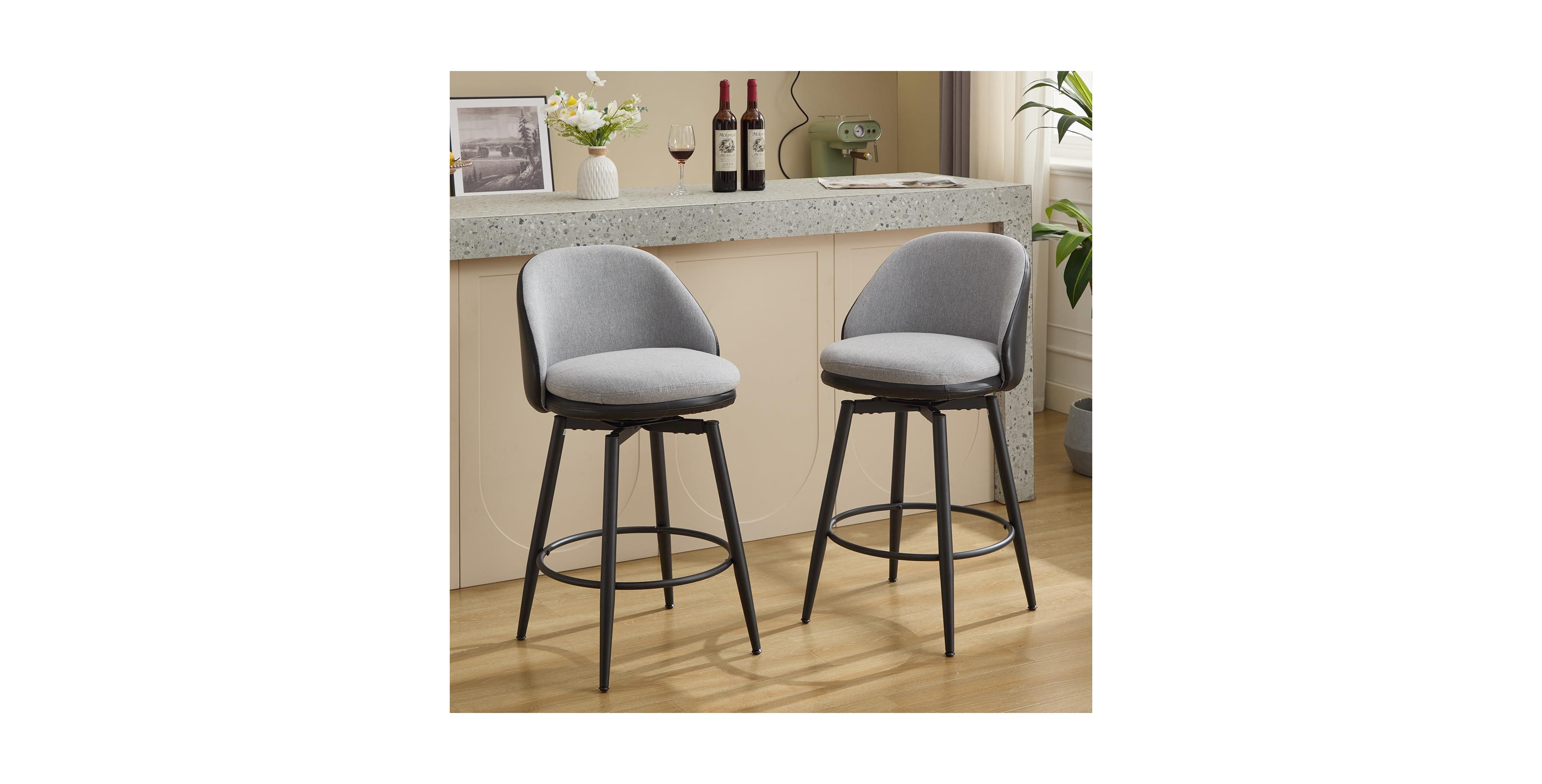 homfan Modern Swivel Counter Height Bar Stools Set of 2 26 Inch Upholstered with Backrest Metal Legs for Kitchen Island Dining Area