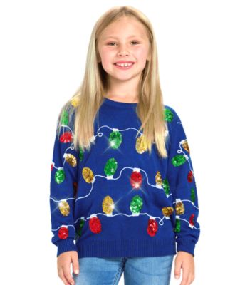 Girls' 4-16 Christmas Lights Long-Sleeve Crewneck Sweater