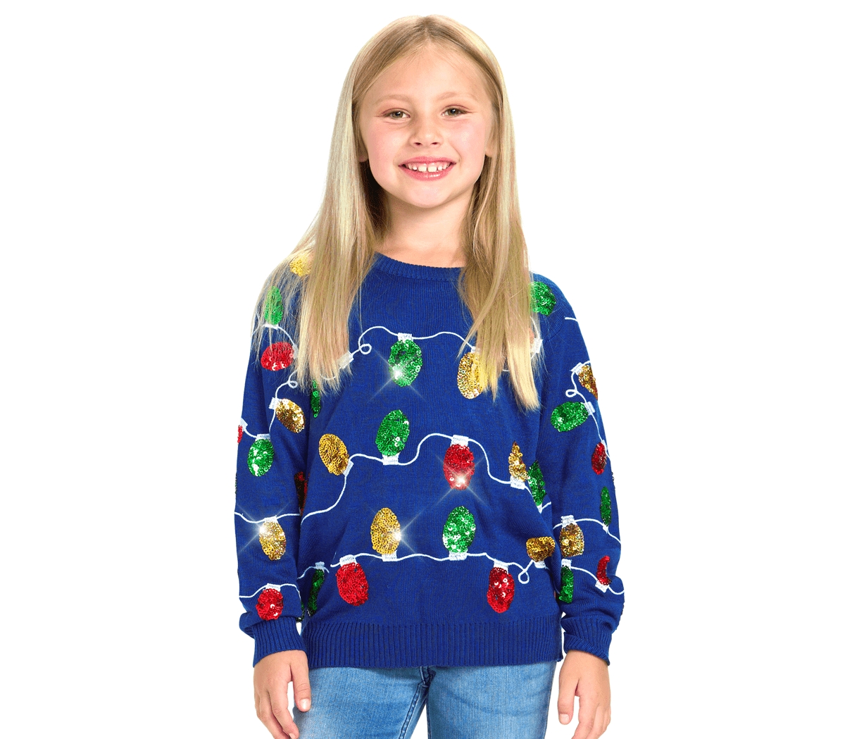 Tipsy Elves Girls' 4-16 Christmas Lights Long-Sleeve Crewneck Sweater