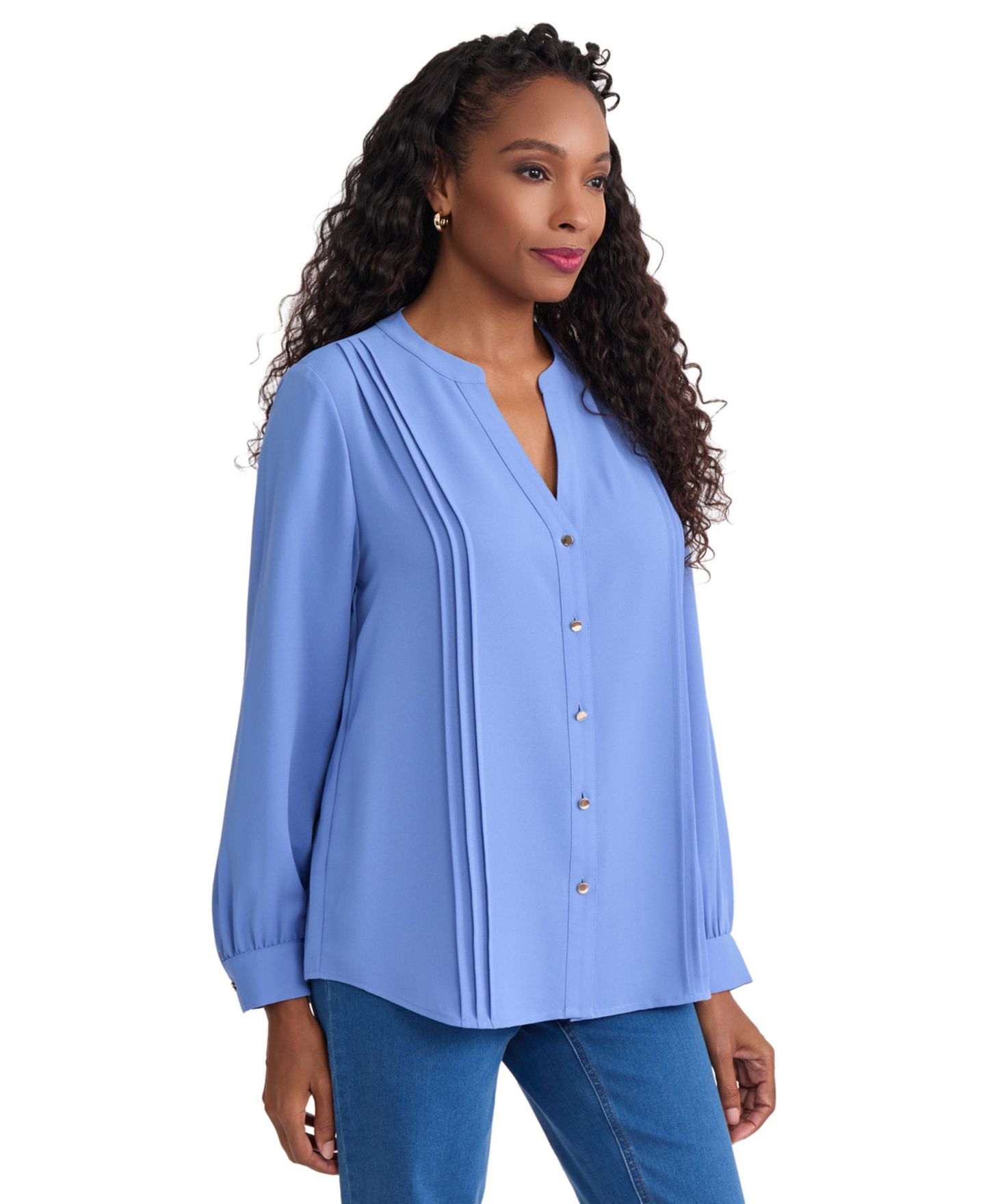 Женская блузка Jones New York Long-Sleeve Split V-Neck Pintuck, цвет: Синий каменный — фото 2