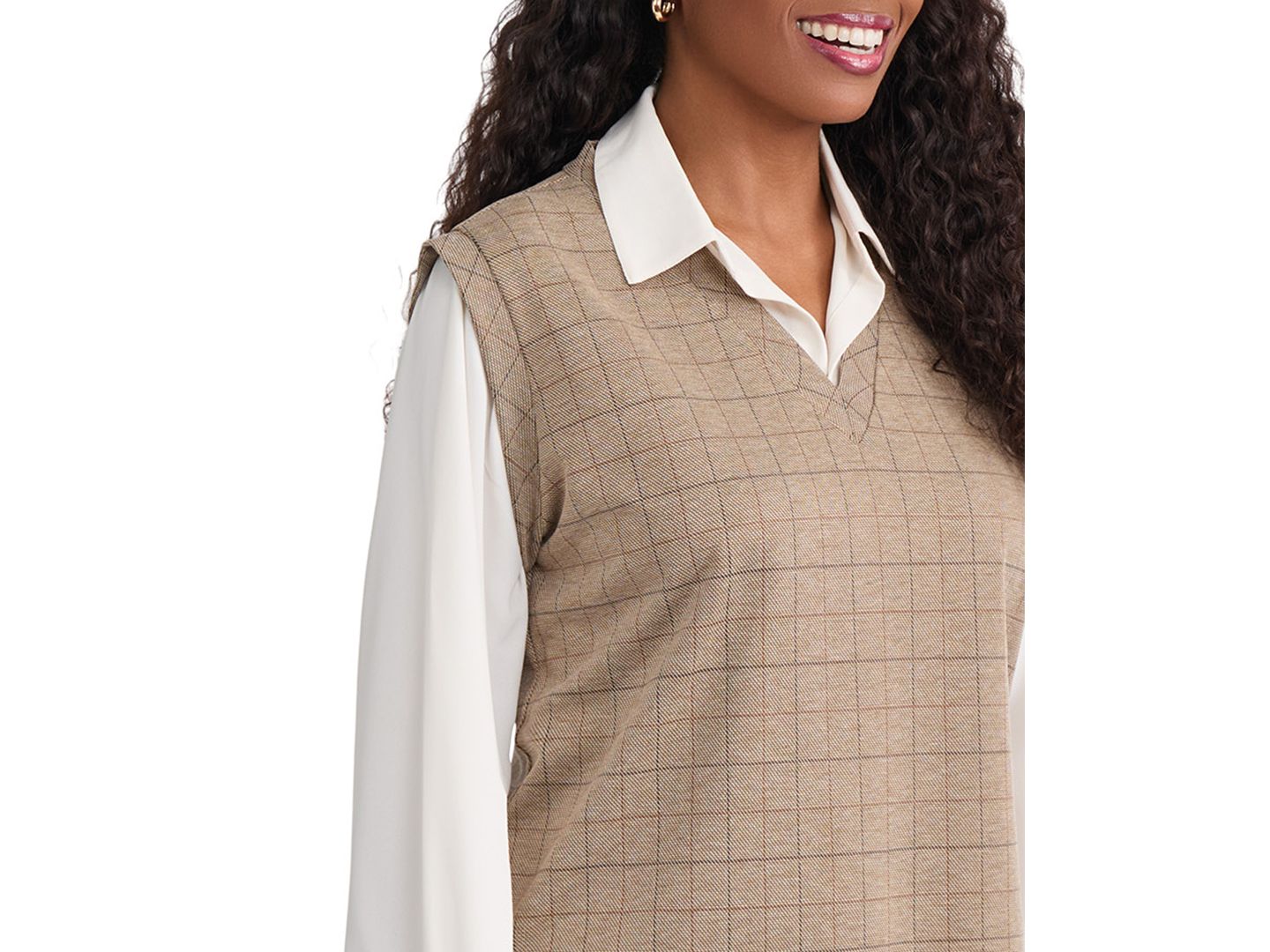 Женская блузка Jones New York Long-Sleeve Drop-Shoulder Twofer Plaid Puff-Sleeve, цвет: Натуральный белый — фото 3