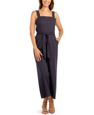 Juniors' Narrow Pinstripe Cotton-Blend Sleeveless Wide-Leg Jumpsuit