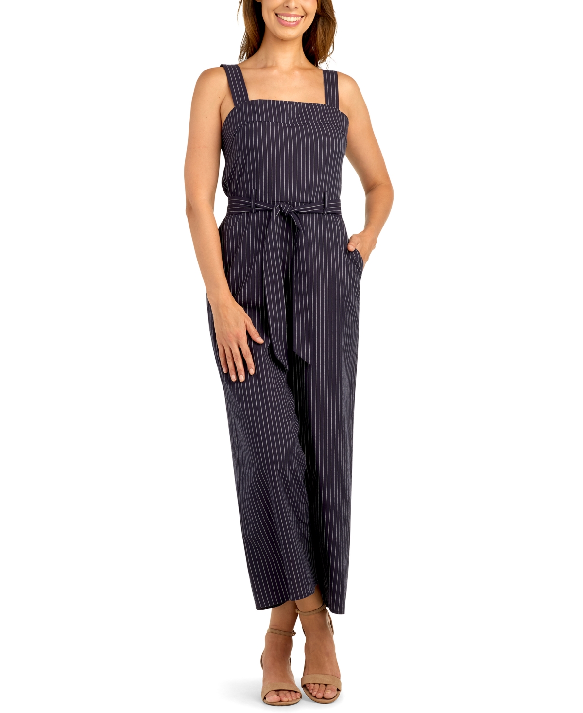 Bcx Women's Narrow Pinstripe Cotton-Blend Sleeveless Wide-Leg Jumpsuit - Color 7