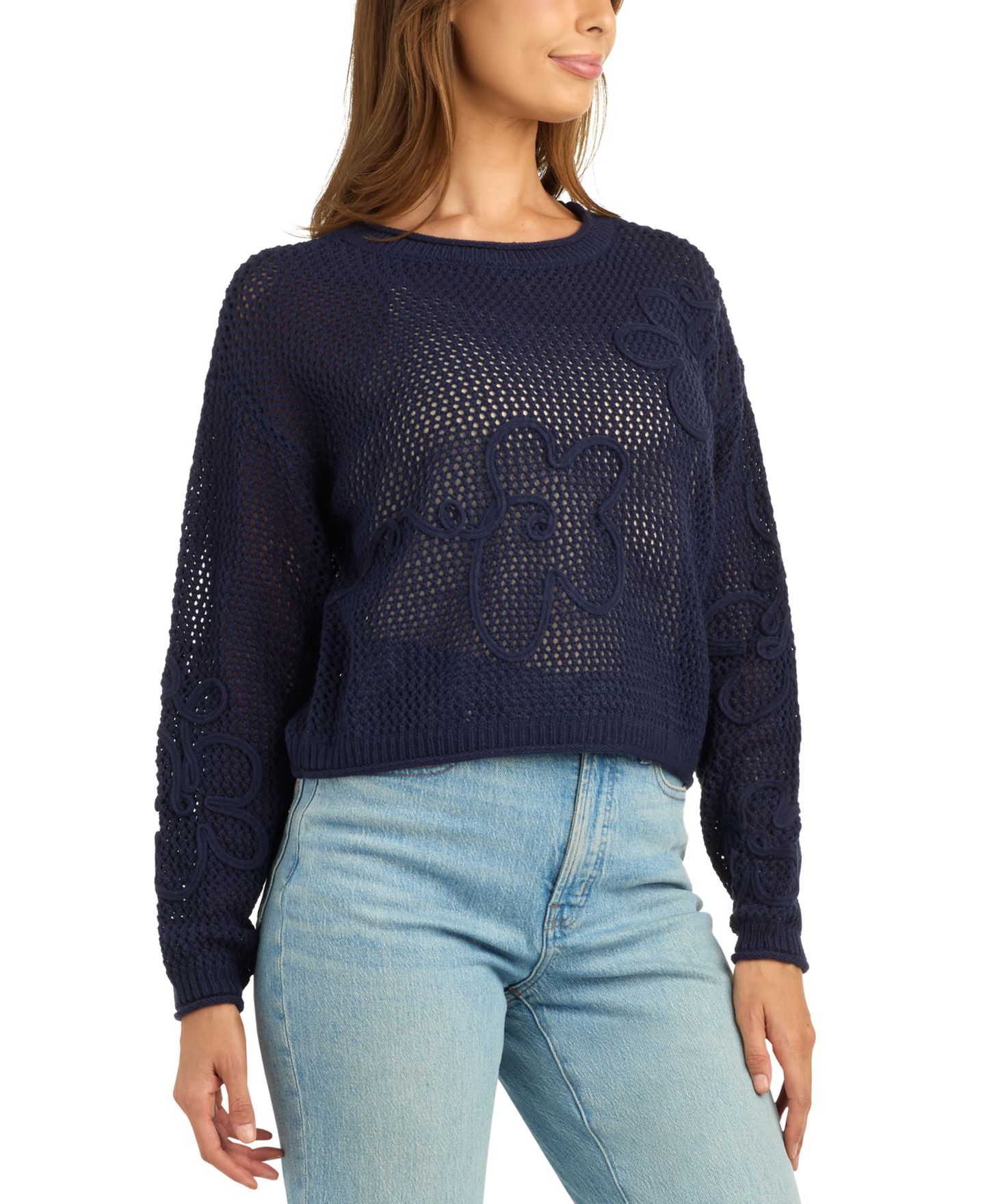 Женский свитер BCX Juniors' Resort Crochet Long-Sleeve Loose-Fit, цвет: Тёмно-синий — фото 3